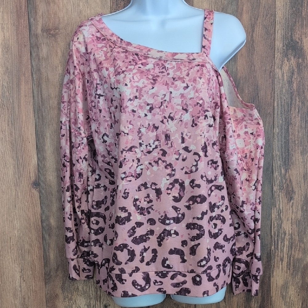 Pink Leopard Print One Cold Shoulder Long Sleeve Blouse S                   D418
